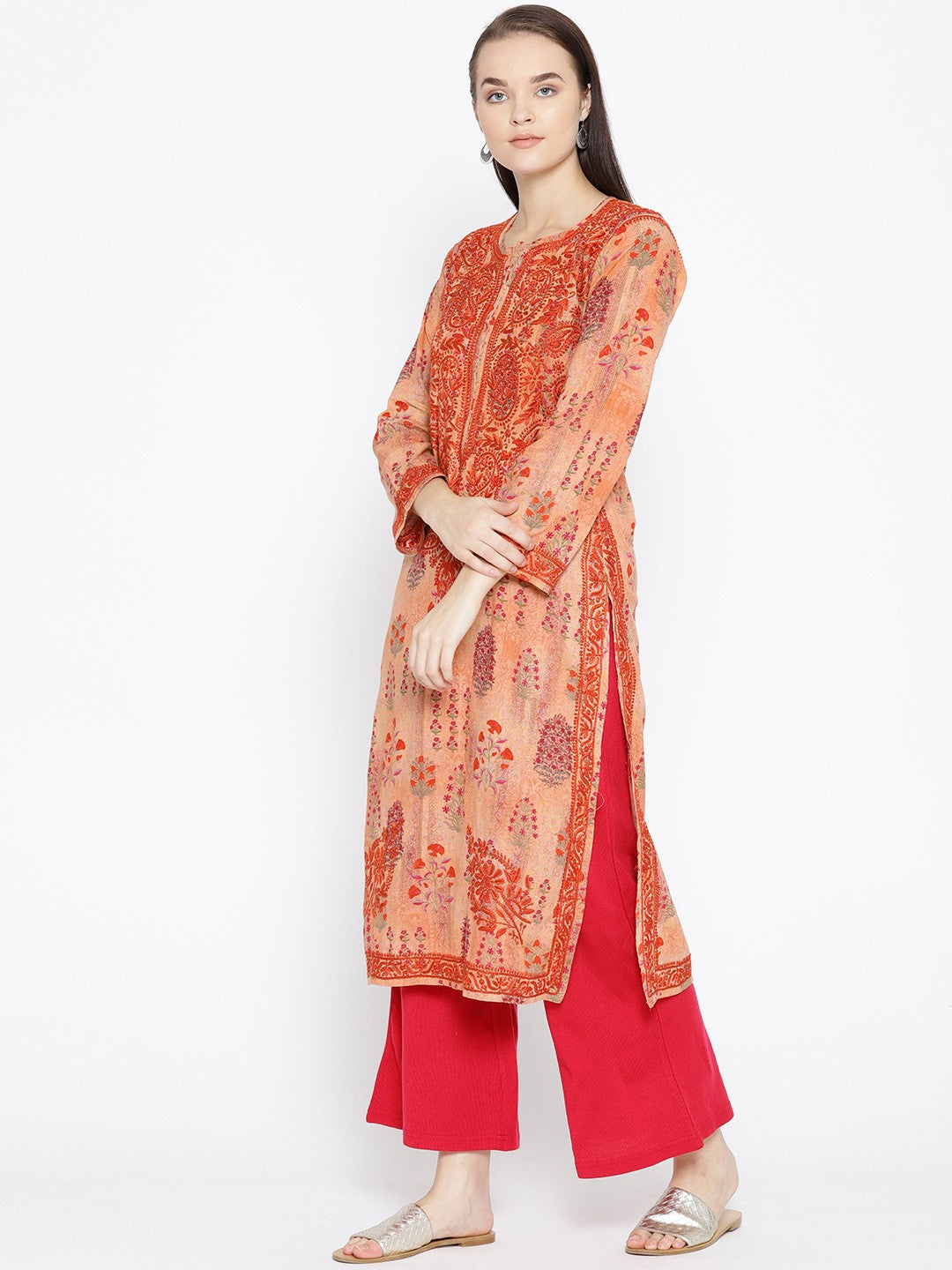 Ada Hand Embroidered Peach Printed Cotton Chikan Kurta- A100059
