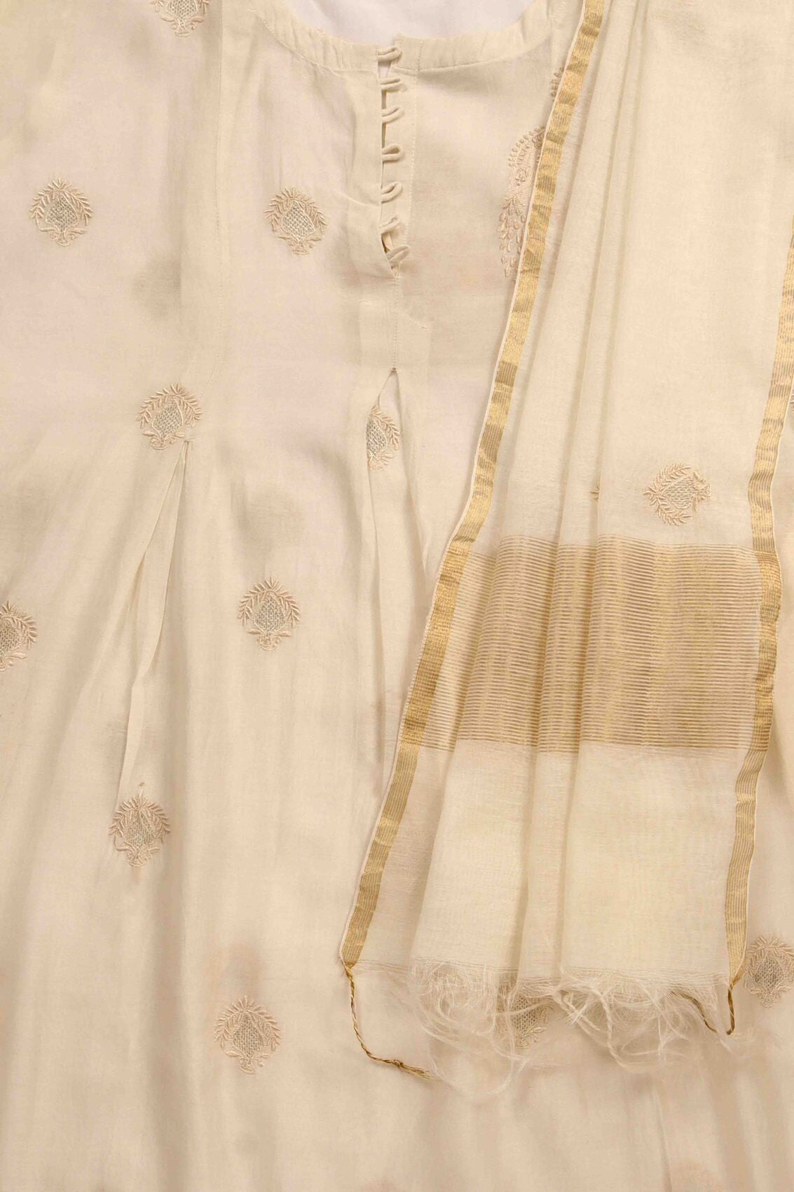 Ada Hand Embroidered Off White Chanderi Lucknowi Chikankari Unstitched Kurta Dupatta Set With Zari Work A520548