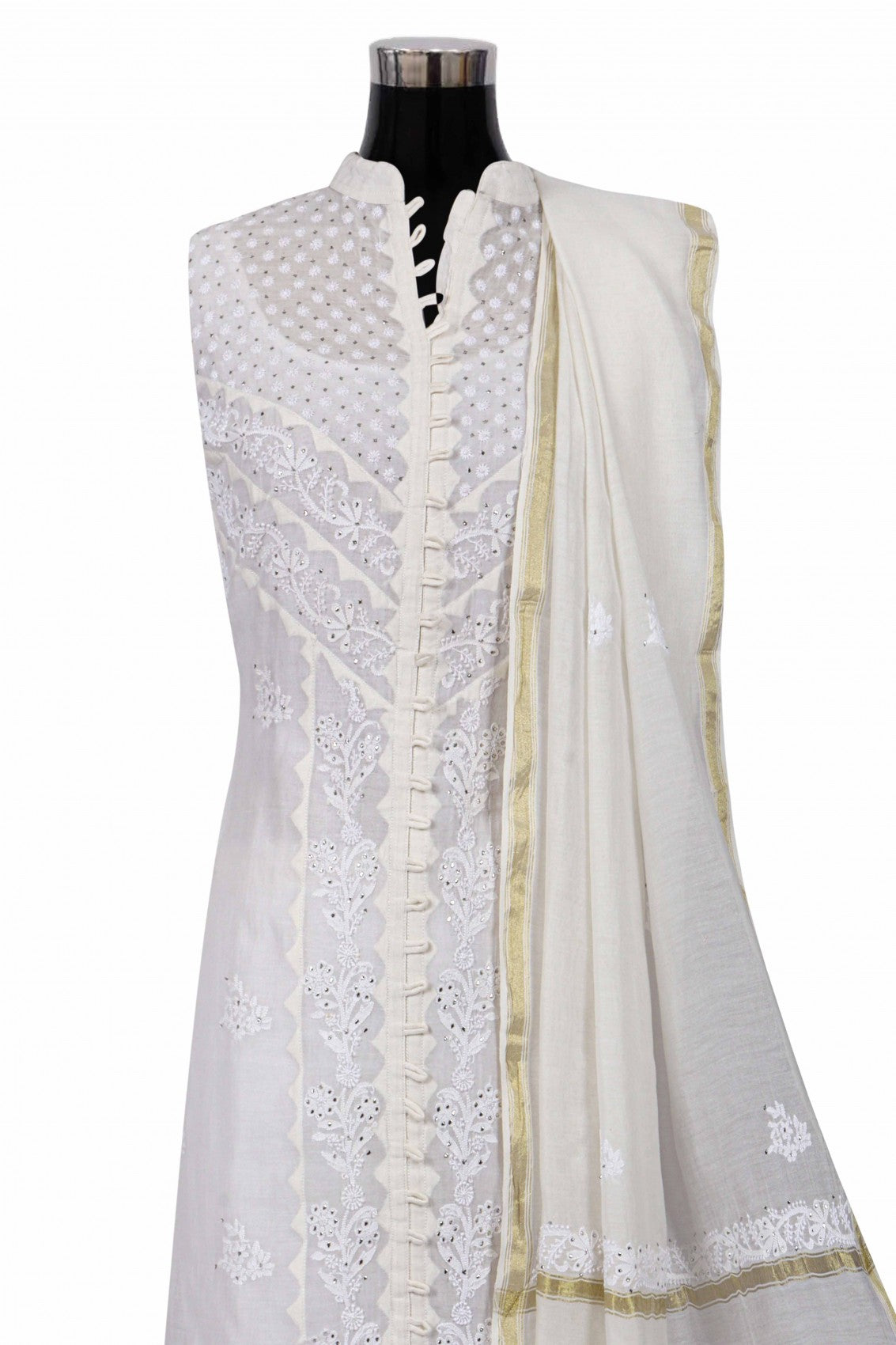Ada Hand Embroidered Cream Chanderi Lucknowi Chikankari Semi-Stitched Anarkali Kurta Dupatta Set With Muqaish Work A326794