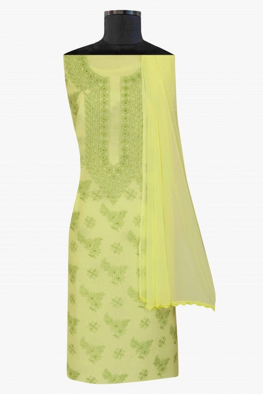 Ada Hand Embroidered Lemon Cotton Lucknowi Chikan Unstitched Suit Piece-A211147