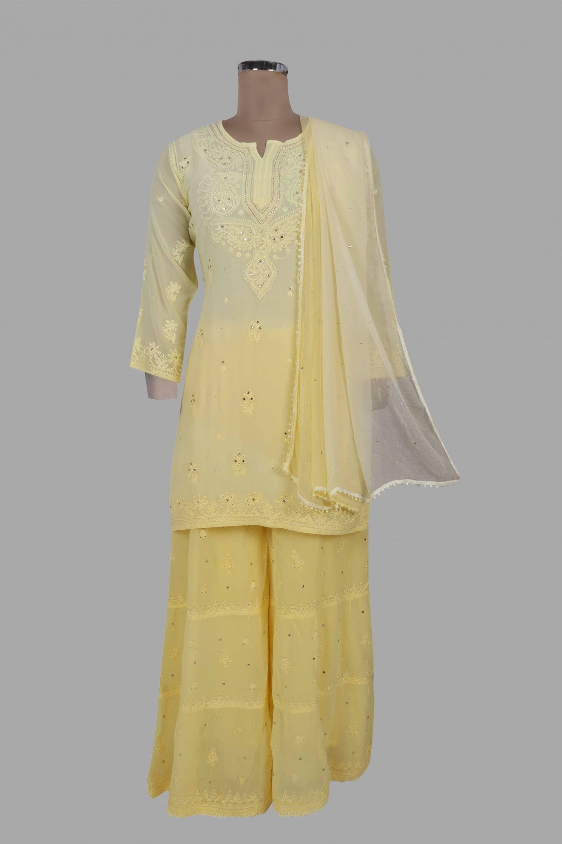 Ada Hand Embroidered Yellow Georgette Lucknowi Chikankari Kurta Dupatta And Palazzo Set With Muqaish Work 01A227745