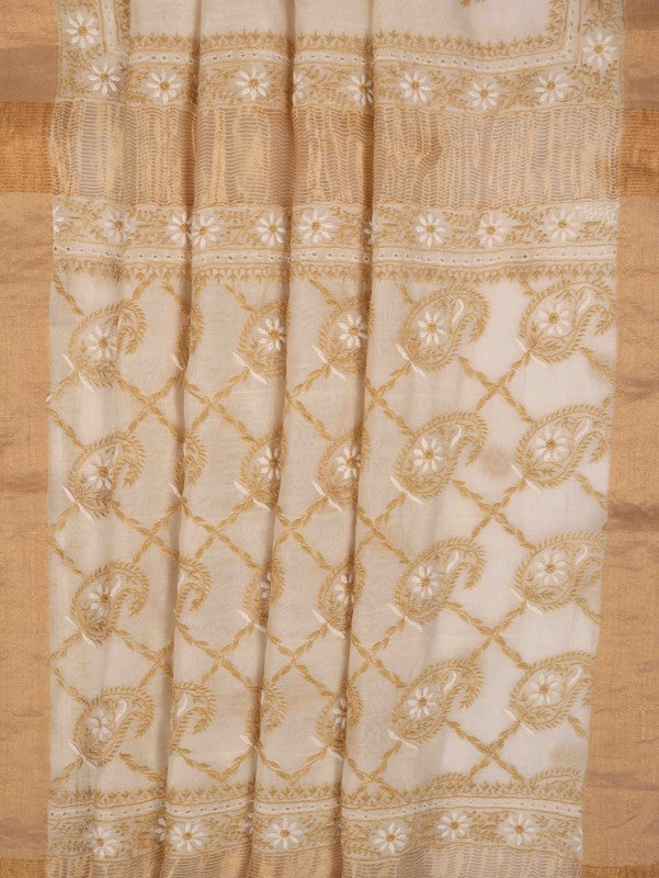 Ada Hand Embroidered Cream Chanderi Lucknowi Chikankari Saree With Blouse A606182