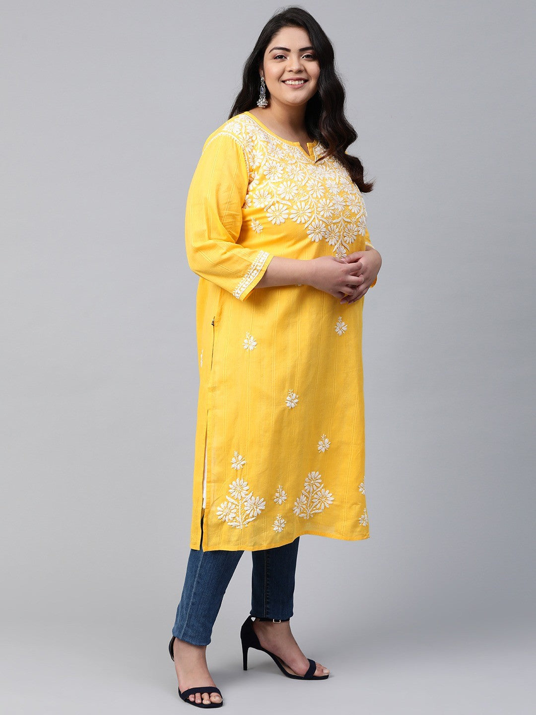 Ada Hand Embroidered Yellow Cotton Lucknow Chikankari Kurta A411166