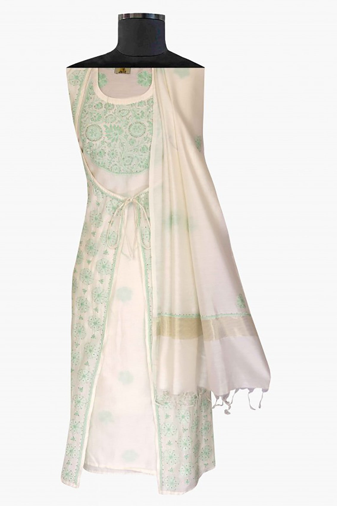 Ada Hand Embroidered Pearl White Chanderi Lucknowi Chikankari Semi-stitched Kurta Dupatta Set With Muqaish Work A621873