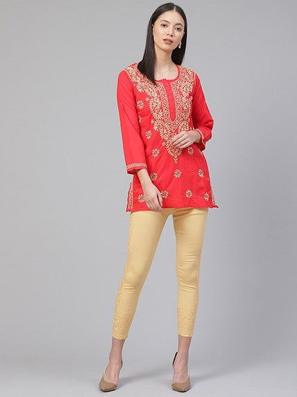 Ada Hand Embroidered Carrot Pink Cotton Lucknowi Chikankari Straight Kurti A250586