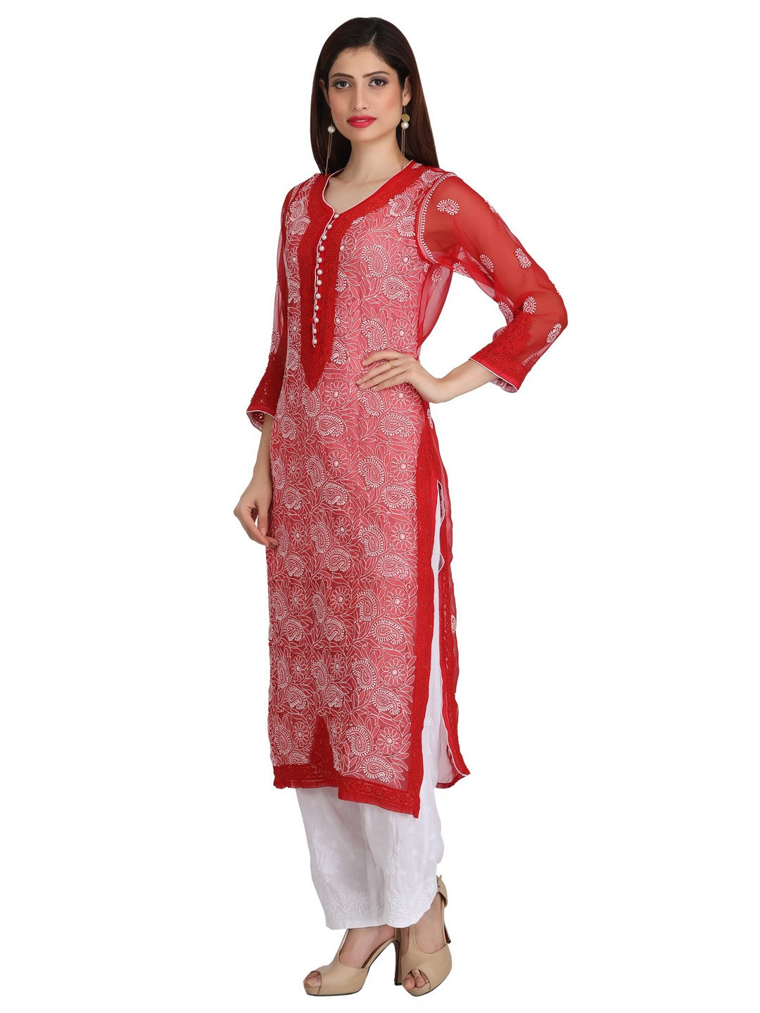 Ada Hand Embroidered Red Georgette Lucknowi Chikankari Straight Kurta with Slip A223964