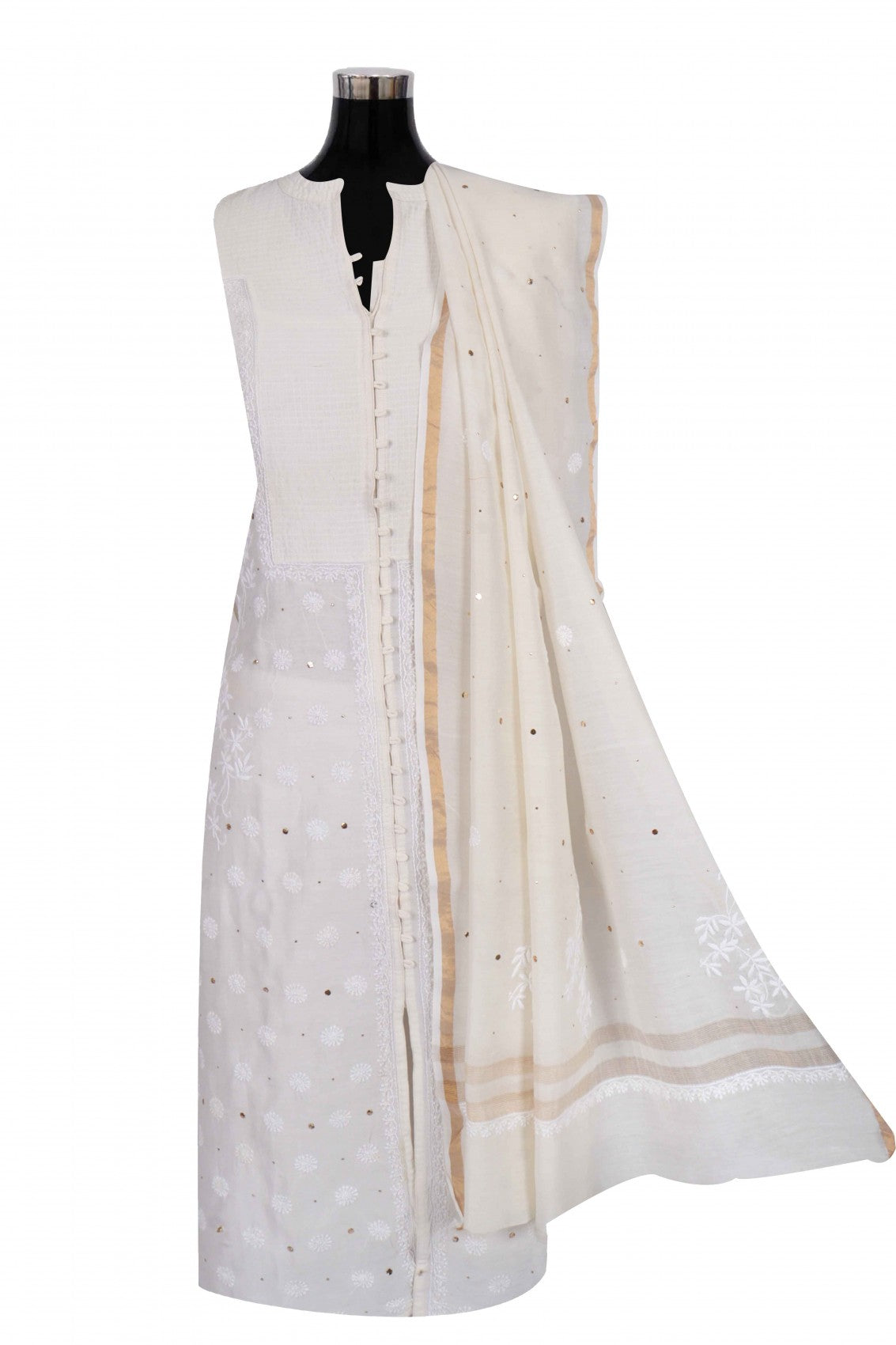 Ada Hand Embroidered Cream Chanderi Lucknowi Chikankari Semi-Stitched Anarkali Kurta Dupatta Set With Muqaish Work A604160