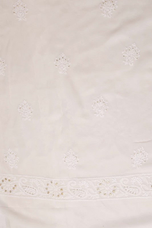 Ada Hand Embroidered White Pure Georgette Lucknowi Chikan Unstitched Kurta Dupatta With Muqaish Work–A560187