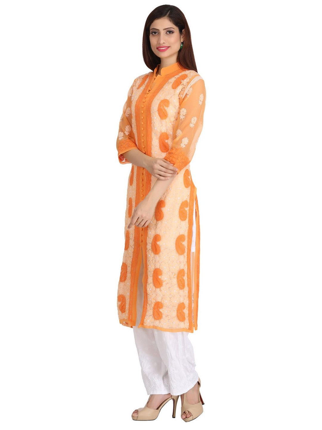 Ada Hand Embroidered Orange Georgette Lucknowi Chikankari Straight Kurta A272418