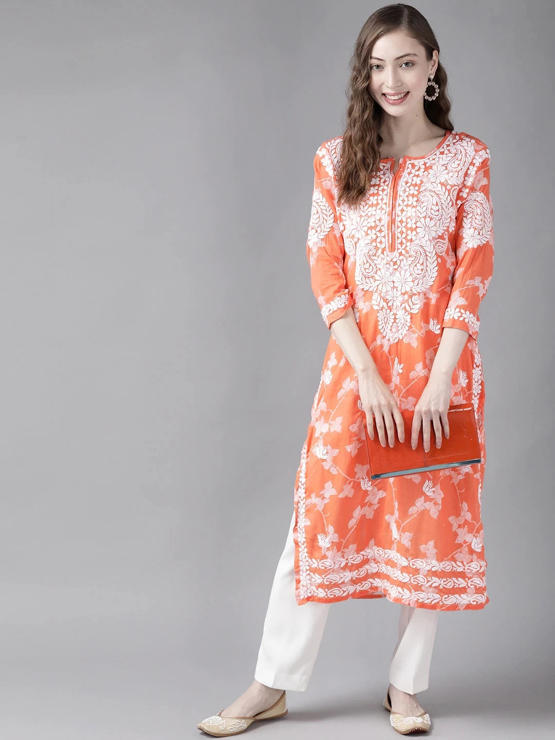 Ada Hand Embroidered Orange Cotton Lucknowi Chikankari Straight Kurta A411265