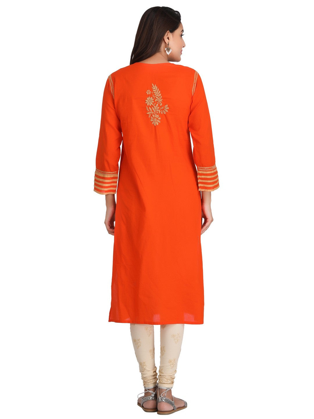 Ada Hand Embroidered Orange Cotton Lucknowi Chikankari Straight  Kurta A226128