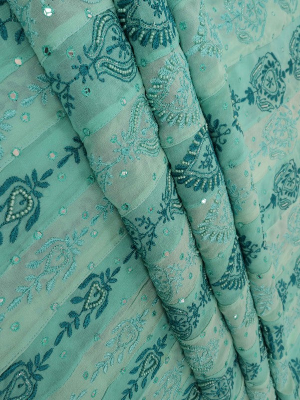 Ada Hand Embroidered Green Pure Georgette Lucknowi Chikan Unstitched Anarkali with Pearl & Mirror Work A61317