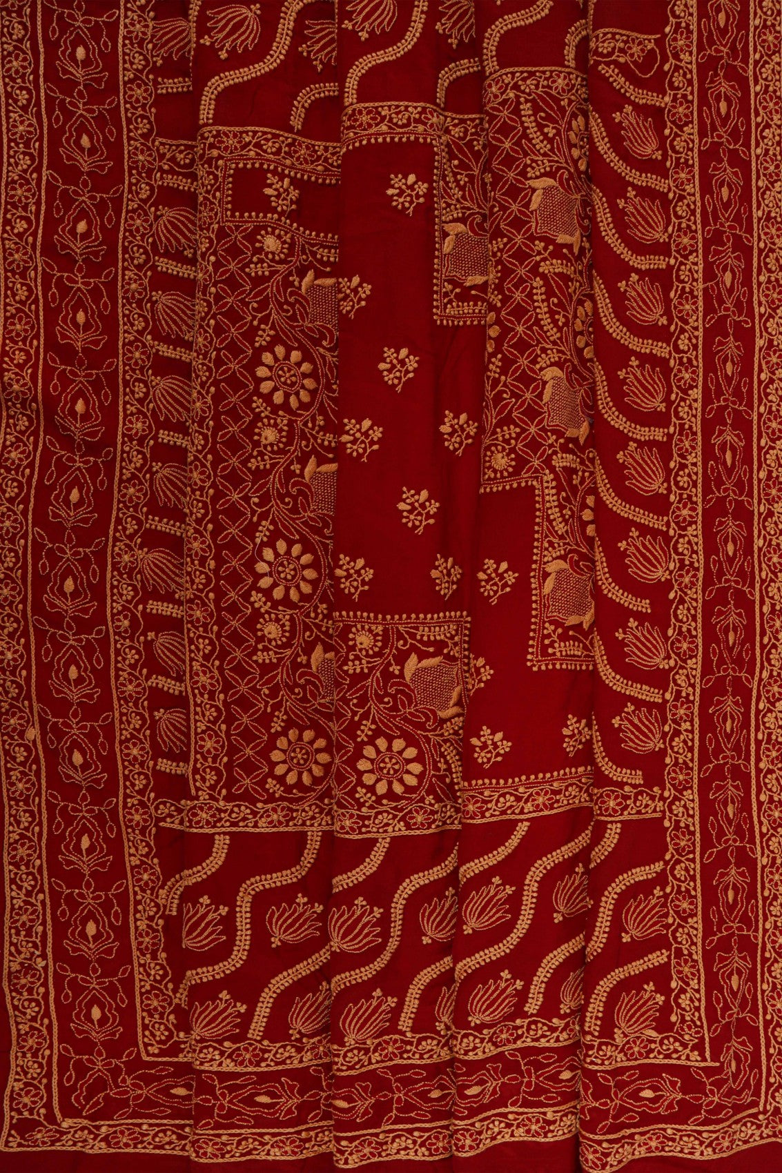 Ada Hand Embroidered Rust and Red Ombre Shade Pure Georgette Lucknowi Chikankari Saree With Blouse 01A224311