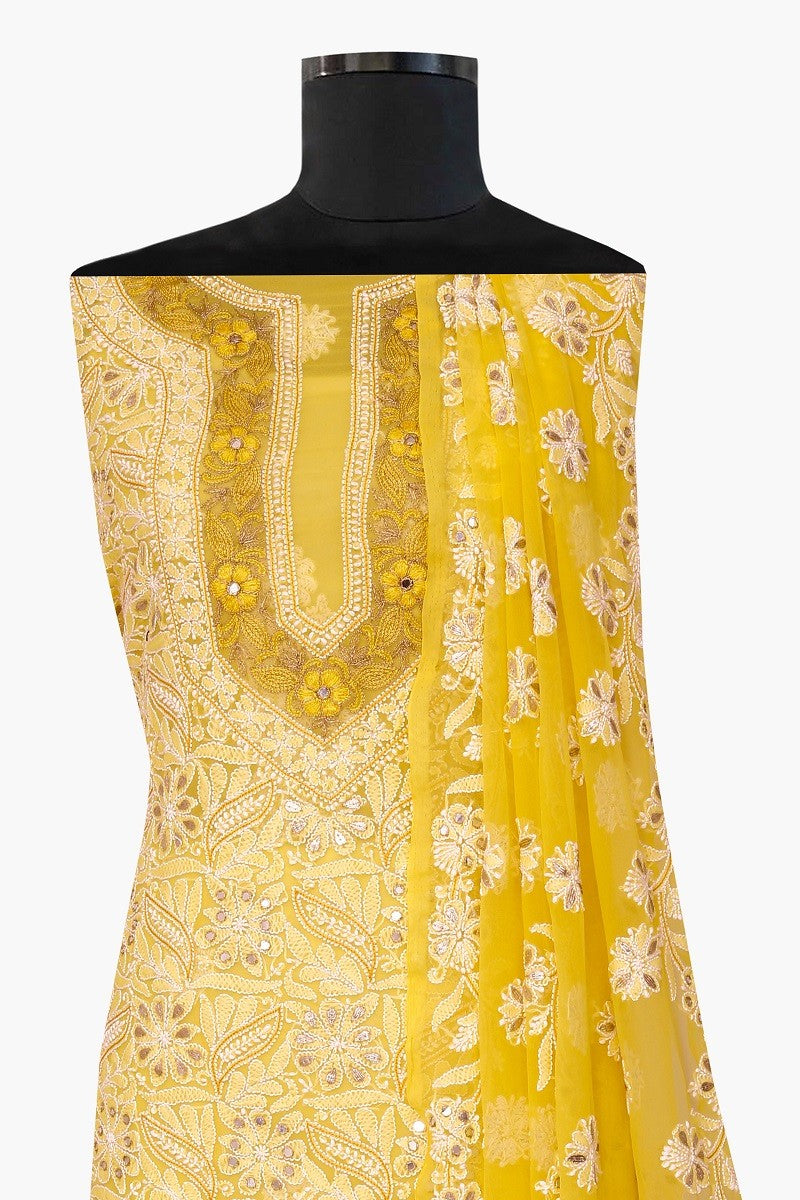 Ada Hand Embroidered Sunglow Yellow Georgette Lucknowi Chikan Unstitched Kurta Dupatta with Gota patti Work A576962