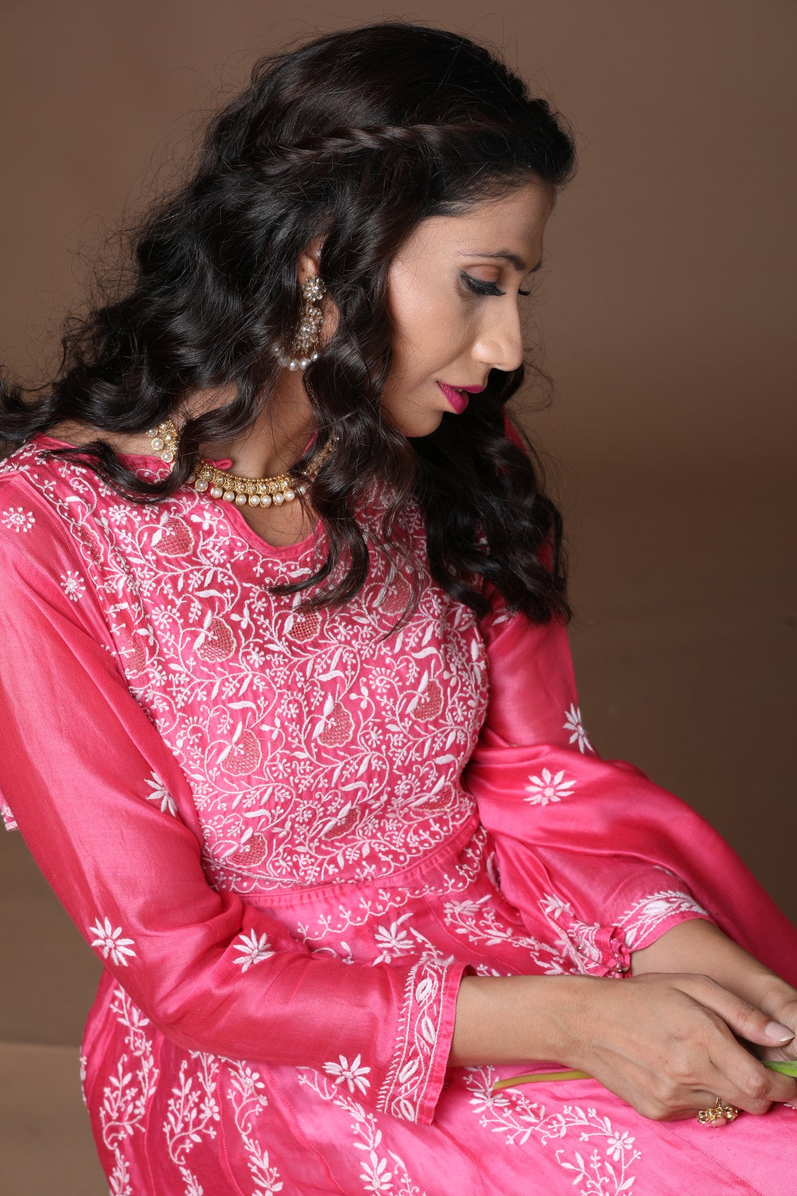 Ada Hand Embroidered Onion Pink Chanderi Lucknowi Chikankari Semi-Stitched Anarkali Kurta Dupatta Set With Zari Work 01A205812