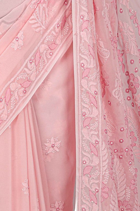 Ada Hand Embroidered Baby Pink Georgette Lucknowi Chikankari Saree With Blouse A610318
