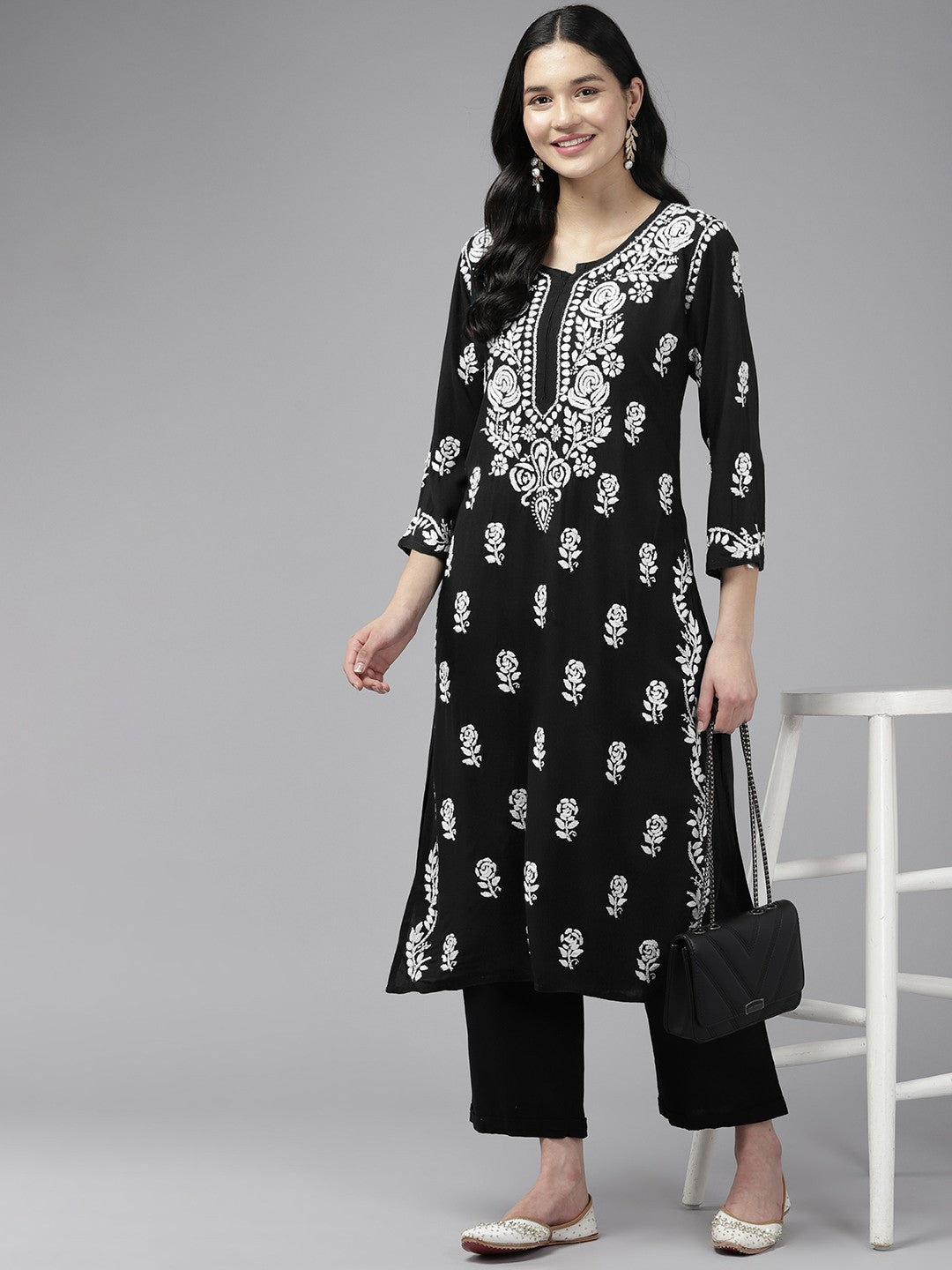 Ada Hand Embroidered Black Rayon Lucknowi Chikankari Straight Kurta A411449