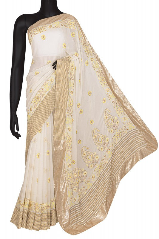 Ada Hand Embroidered Off White Pure Georgette Lucknowi Chikankari Saree/Blouse with Sequinned Work- A173764