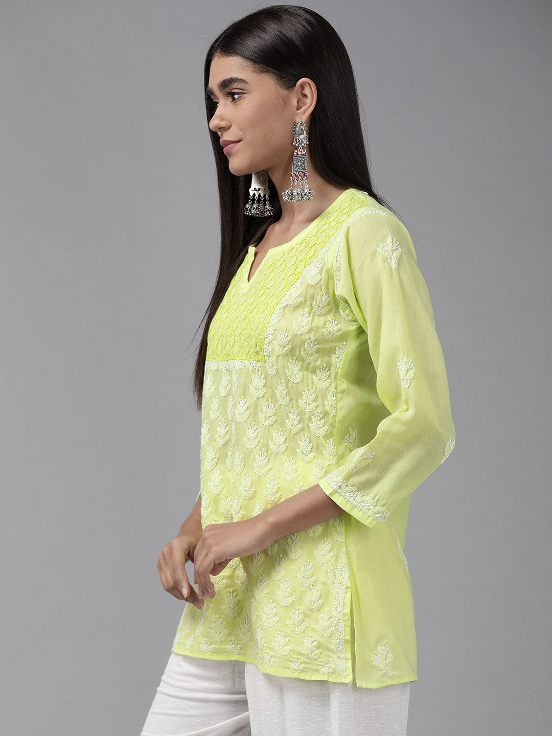 Ada Hand Embroidered Lime Green Cotton Lucknowi Chikankari Straight Kurti A911246