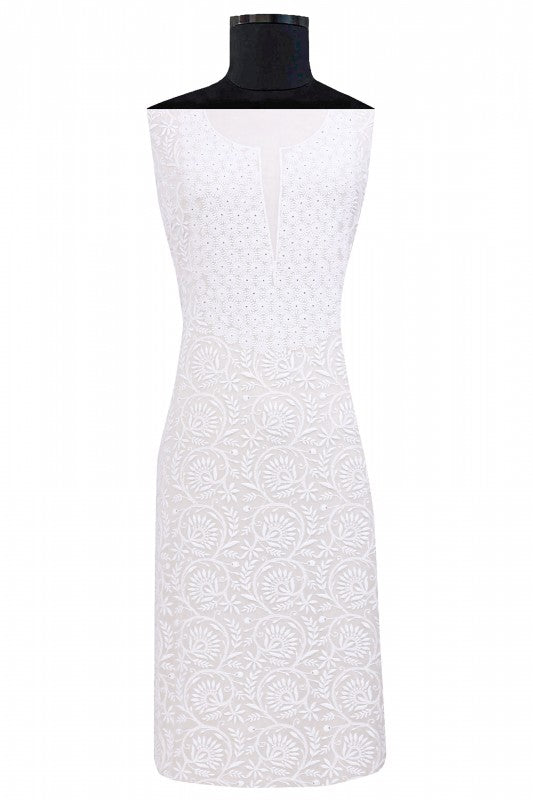 Ada Hand Embroidered White Pure Georgette Lucknowi Chikan Unstitched Kurta Dupatta Set- A257105