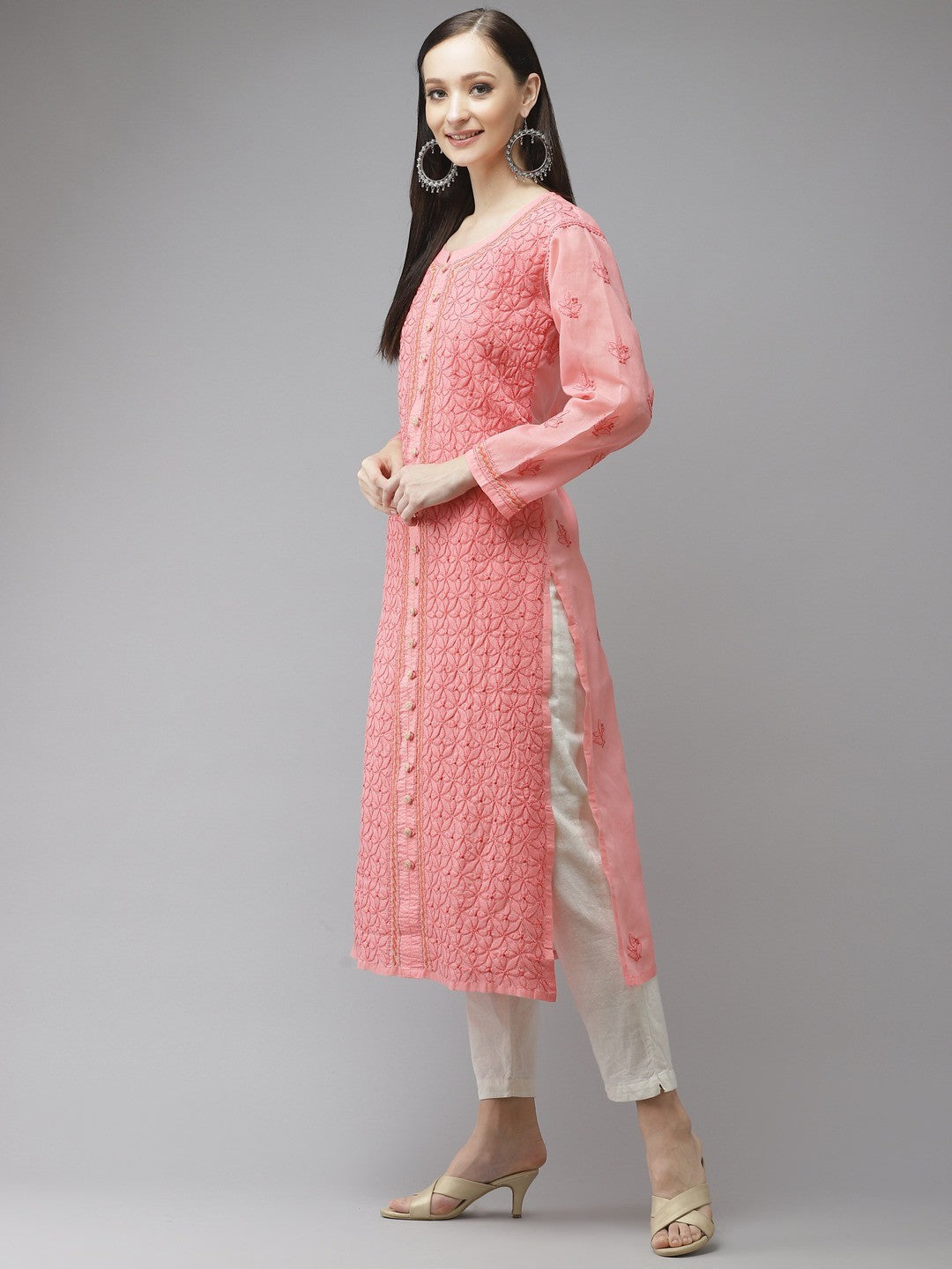 Ada Hand Embroidered Carrot Pink Cotton Lucknow Chikan Kurta A411317