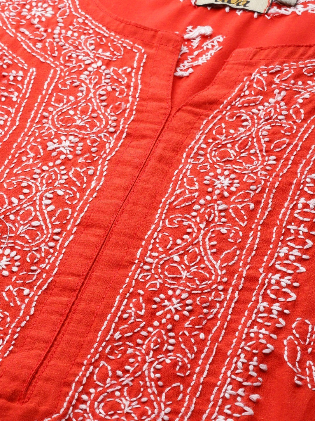 Ada Hand Embroidered Red Cotton Lucknowi Chikan straight Kurta A220800
