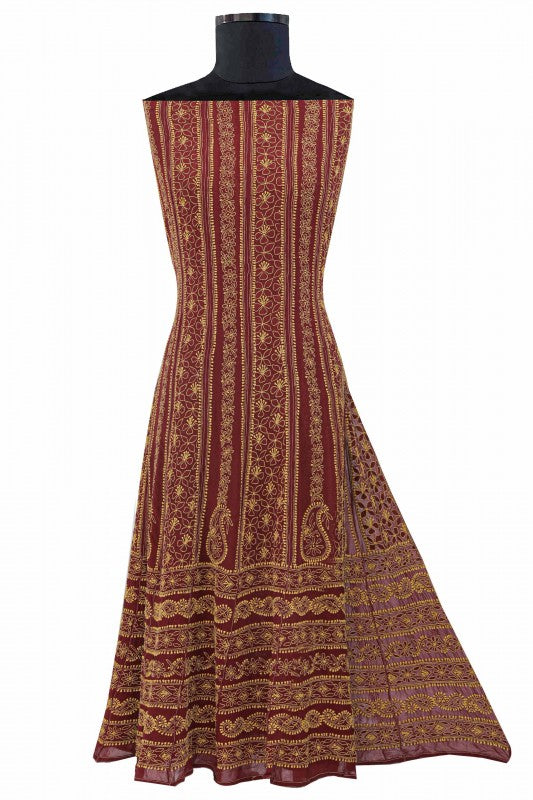 Ada Hand Embroidered Maroon Pure Georgette Lucknowi Chikankari Semi-Stitched Anarkali Set 01A8518