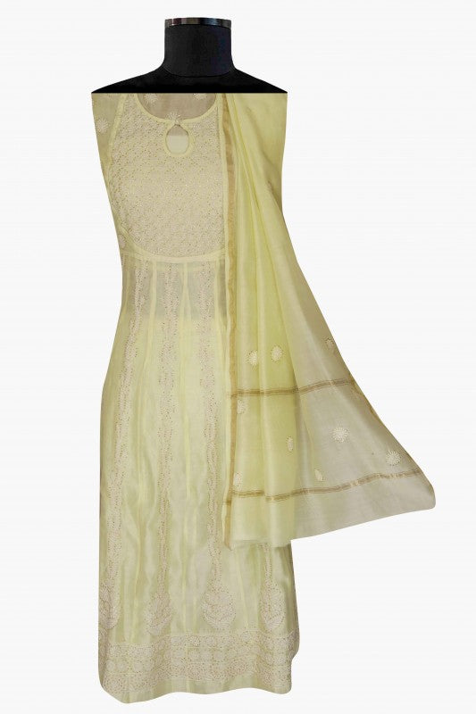 Ada Hand Embroidered Lemon Chanderi Lucknowi Chikankari Semi-Stitched Anarkali Kurta Dupatta Set With Muqaish Work A559713