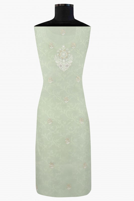 Ada Hand Embroidered Pista Green Organza Lucknowi Chikan Unstitched Kurta Piece With Gota Patti Work A575130