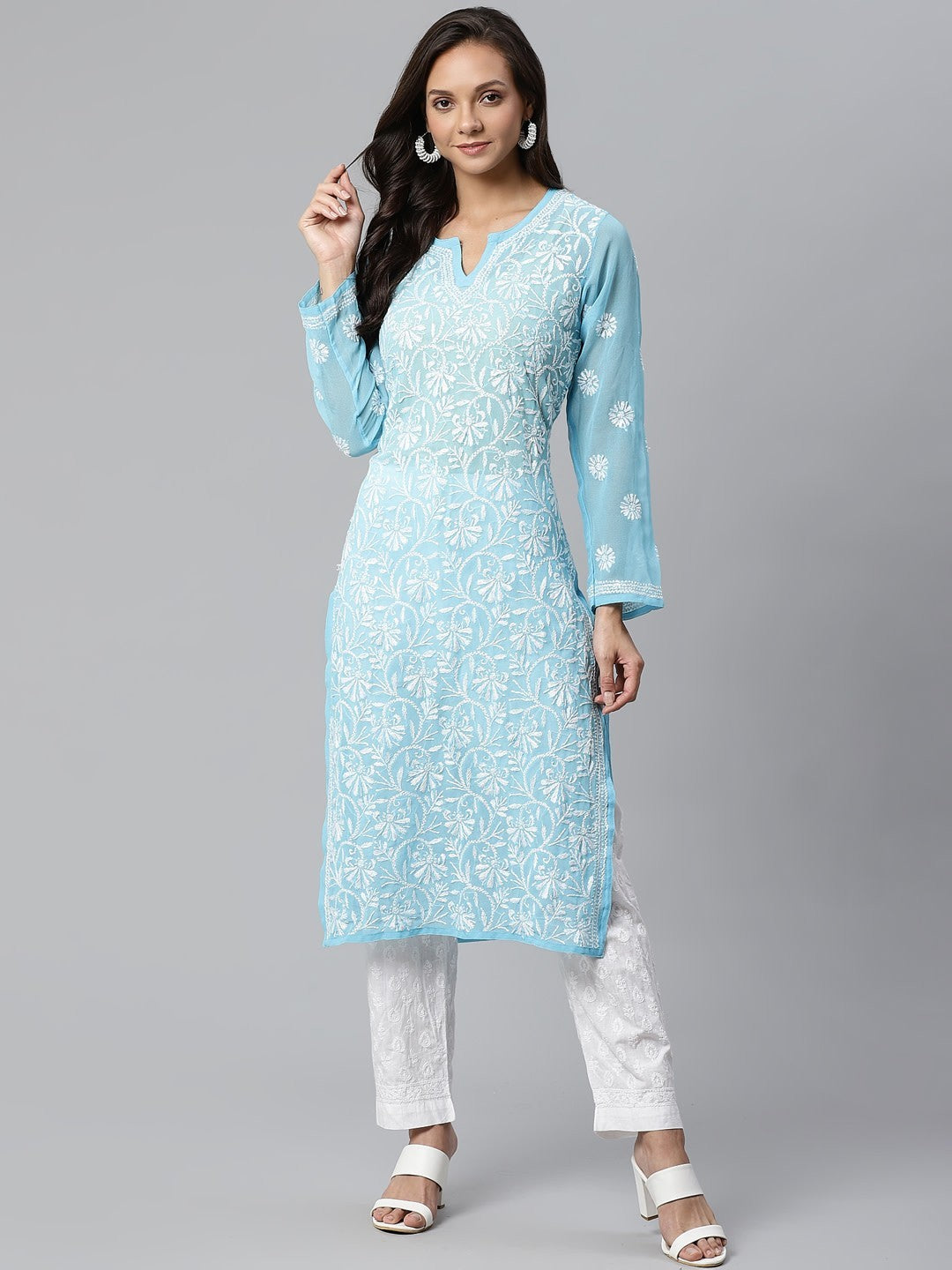 Ada Hand Embroidered Blue Faux Georgette Lucknowi Chikankari Kurta Palazzo Set With Slip A100398