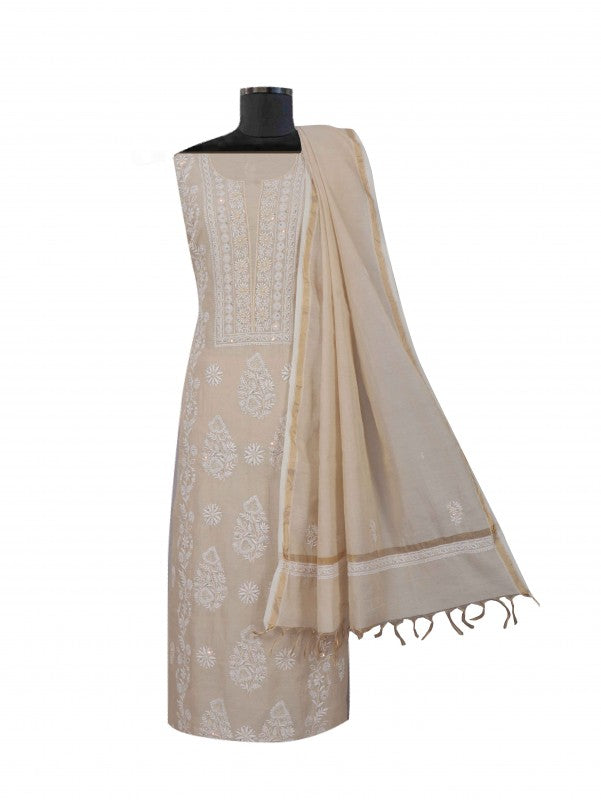 Ada Hand Embroidered Natural Fawn Tissue Lucknowi Chikankari Unstitched Kurta Dupatta Set With Pearl Work 01A193516