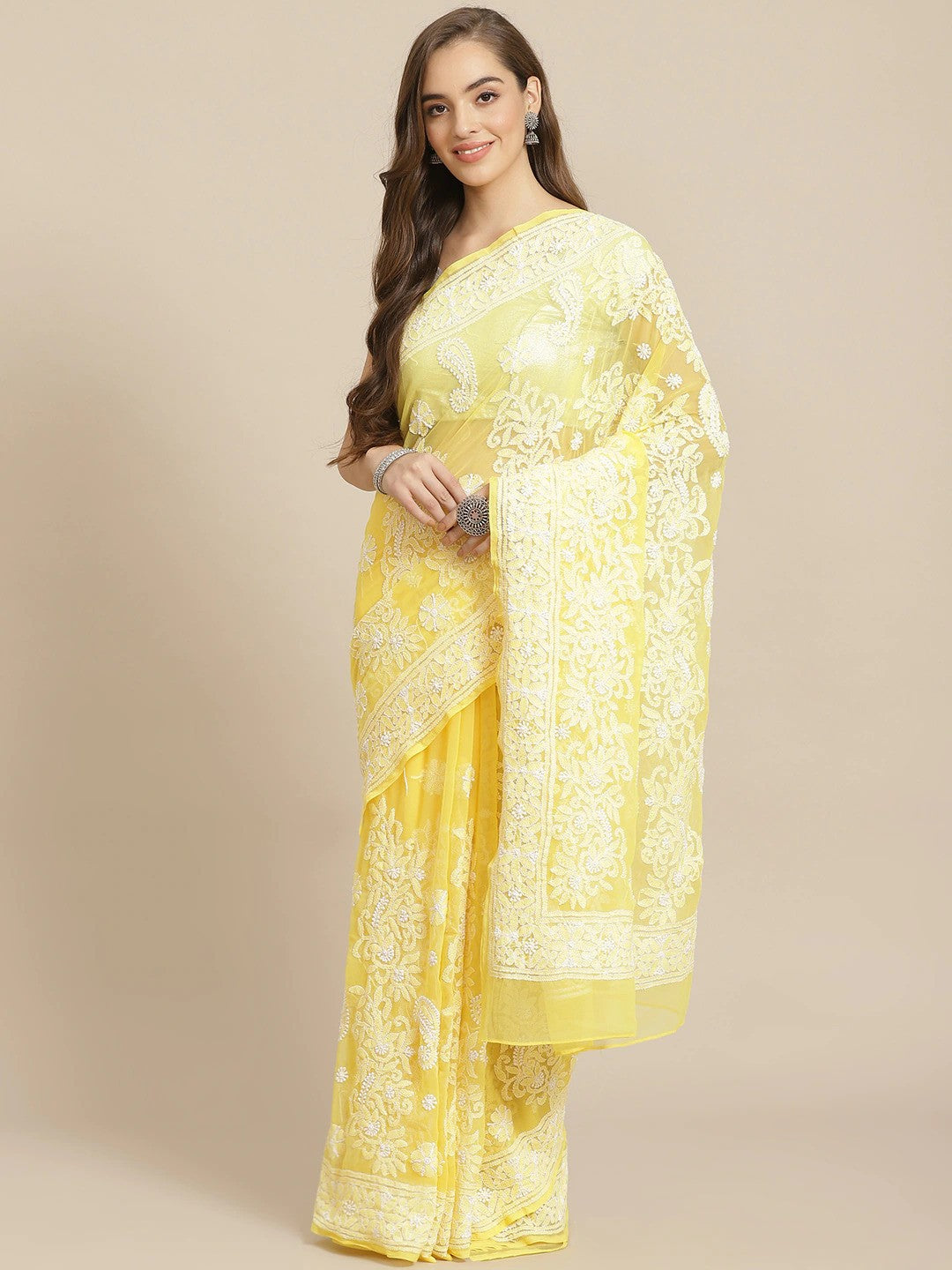 Ada Hand Embroidered Yellow Georgette Lucknow Chikan Saree with Blouse A311292