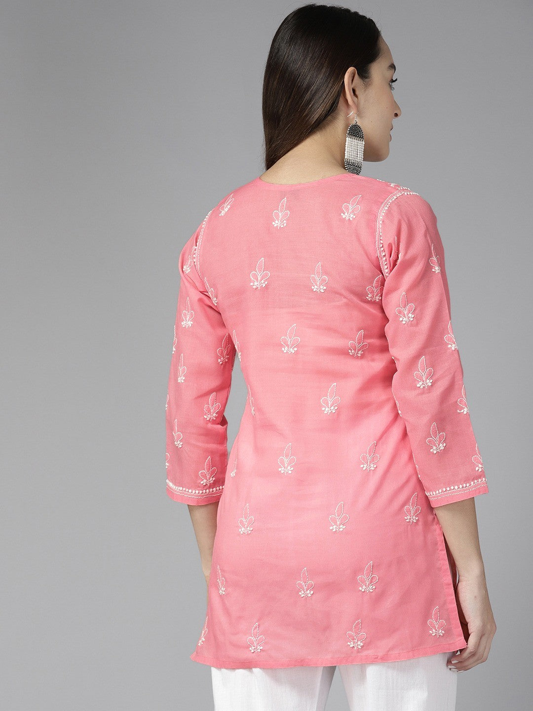 Ada Hand Embroidered Carrot Pink Cotton Lucknowi Chikankari Straight Kurti A911281