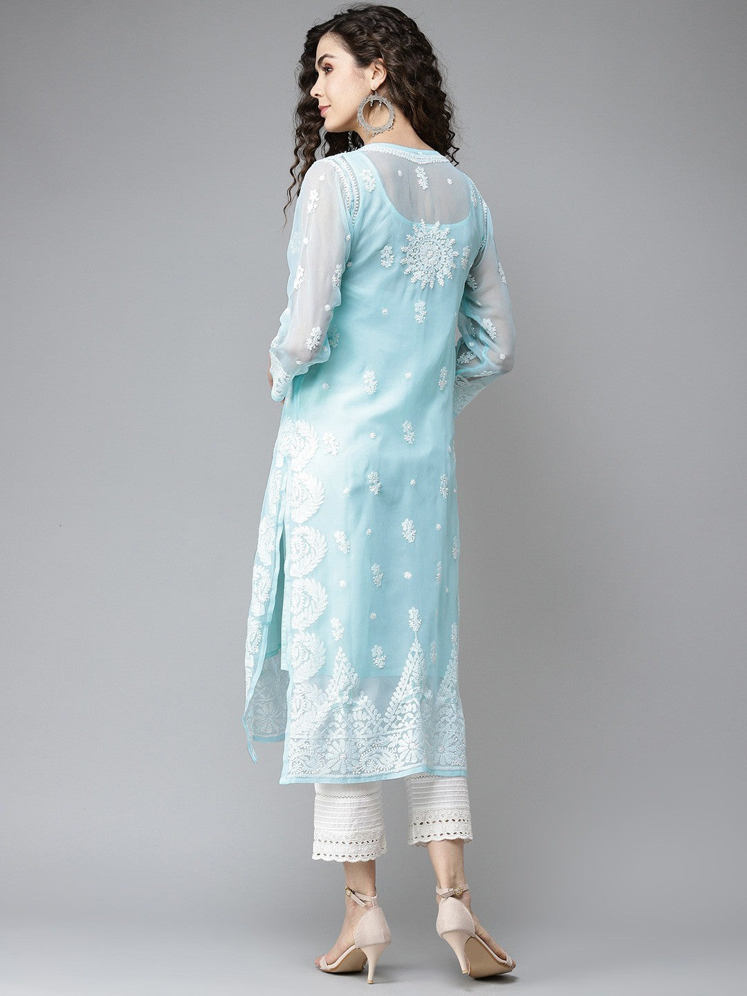 Ada Hand Embroidered Blue Georgette Lucknowi Chikankari Straight Kurta With Slip A411200