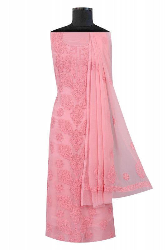 Ada Hand Embroidered Peach Georgette Lucknowi Chikan Unstitched Suit Piece A211219