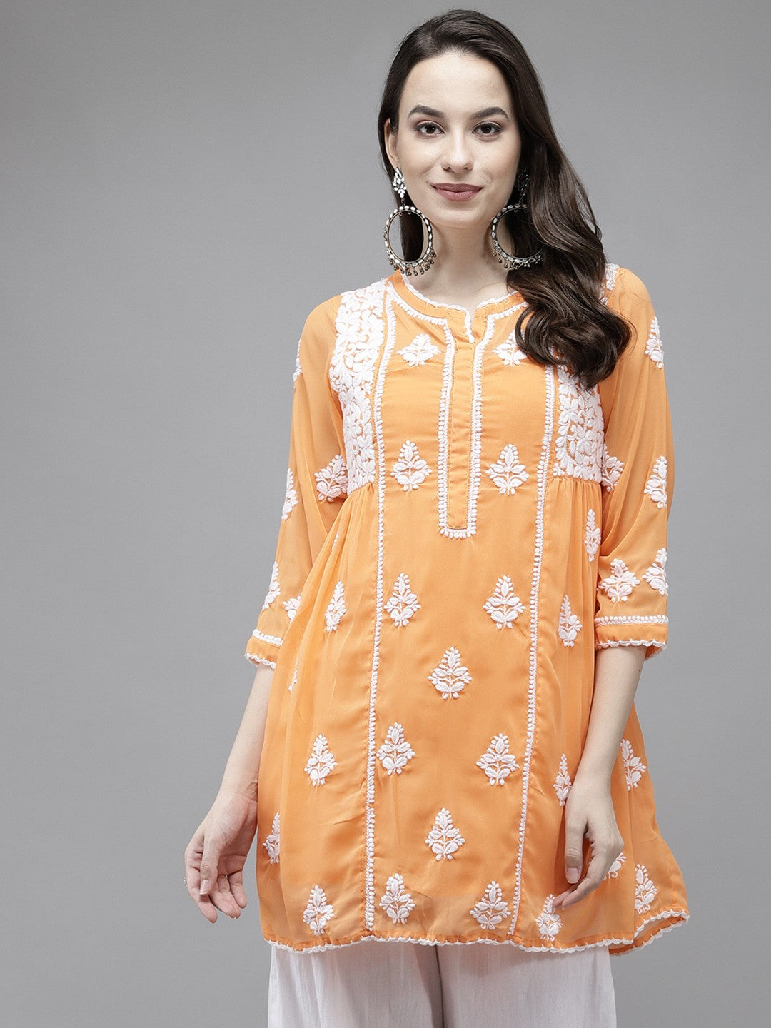 Ada Hand Embroidered Orange Georgette Lucknowi Chikankari Flared Kurti with slip A911149