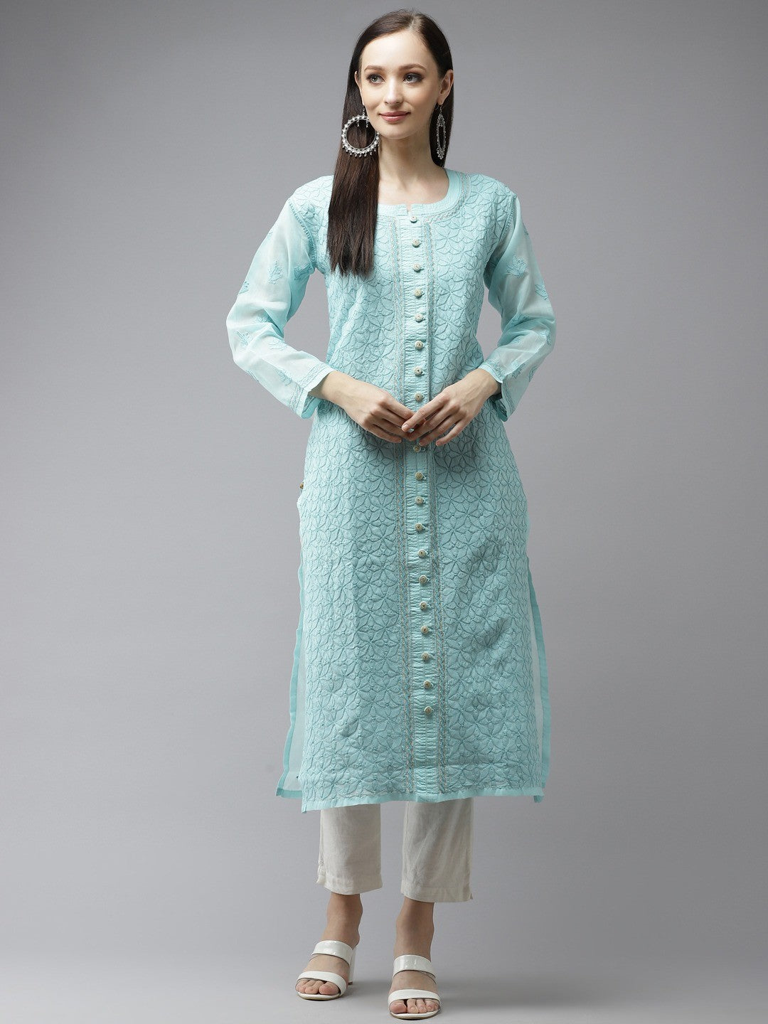 Ada Hand Embroidered Blue Cotton Lucknow Chikan Straight Kurta A411316