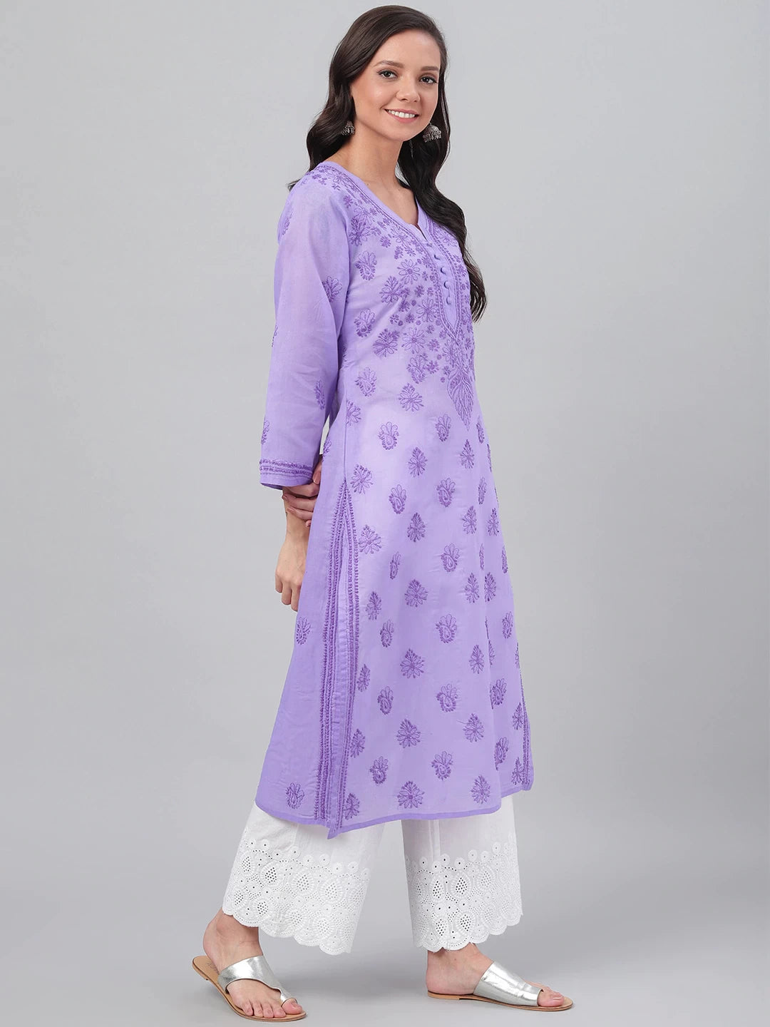 Ada Hand Embroidered Mauve Cotton Lucknowi Chikankari Straight Kurta A257262
