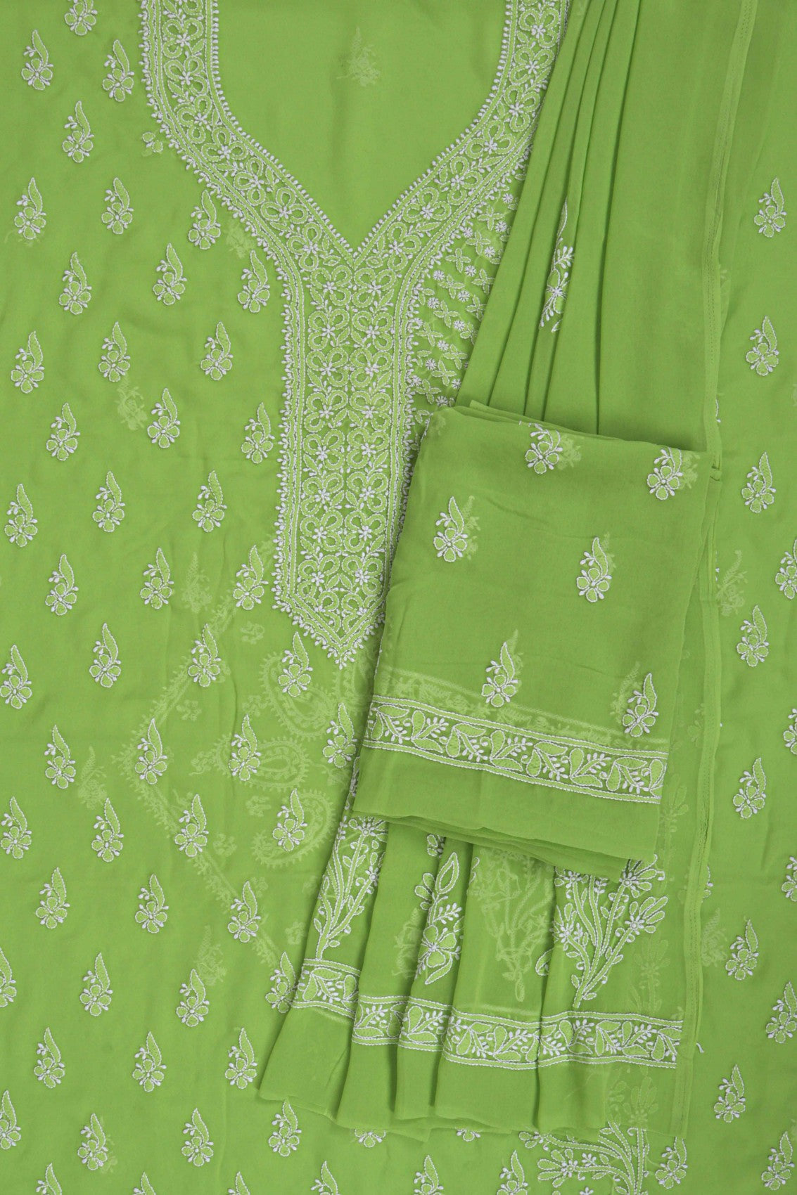 Ada Hand Embroidered Parrot Green Georgette Lucknowi Chikankari Unstitched Suit Piece A615327