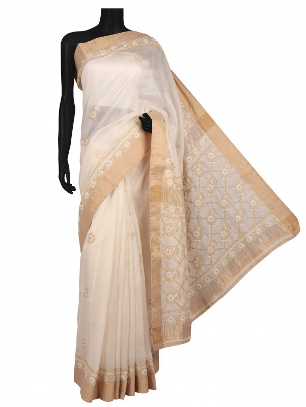 Ada Hand Embroidered Cream Chanderi Lucknowi Chikankari Saree With Blouse A606182
