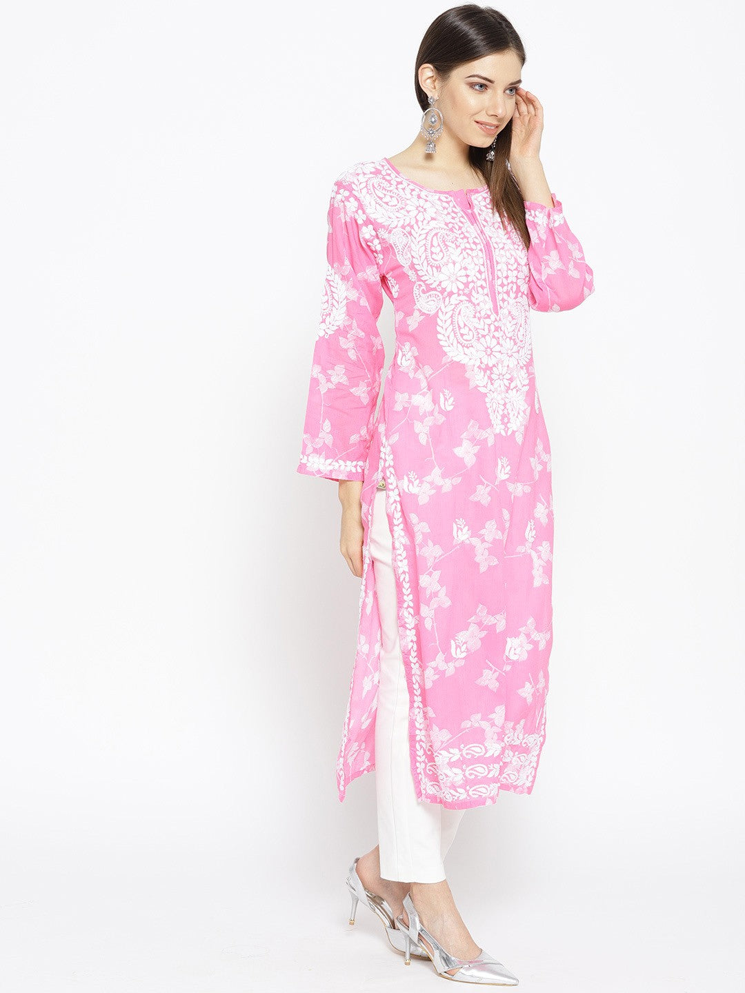 Ada Hand Embroidered Pink Cotton Lucknowi Chikankari Straight Kurta A100109