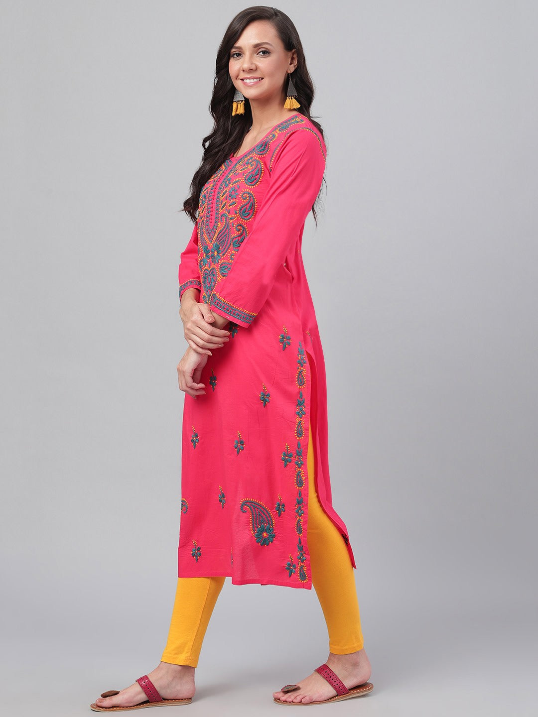 Ada Hand Embroidered Carrot Pink Cotton Lucknowi Chikankari Straight  Kurta A223764