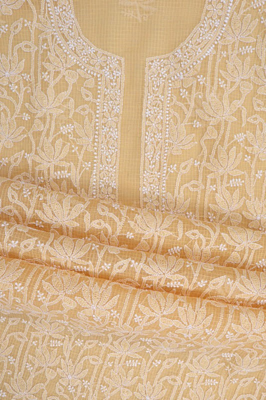 Ada Hand Embroidered Beige Kota Lucknowi Chikankari Unstitched Kurta Dupatta Set 01A160500