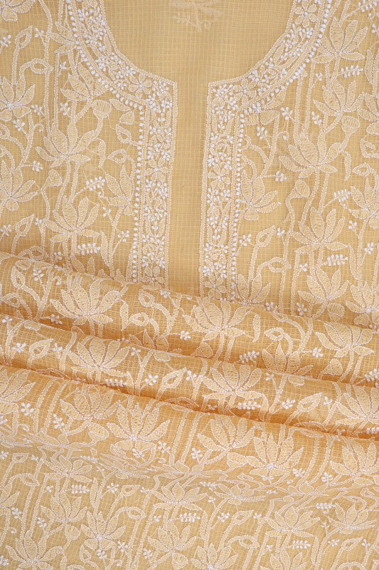 Ada Hand Embroidered Beige Kota Lucknowi Chikankari Unstitched Kurta Dupatta Set 01A160500