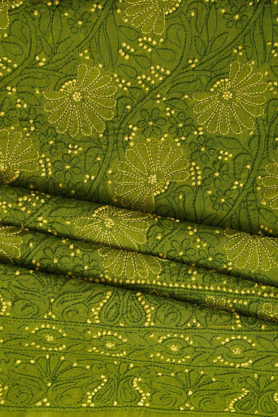 Ada Hand Embroidered Crocodile Green Cotton Lucknowi Chikan Unstitched Suit Piece A100308