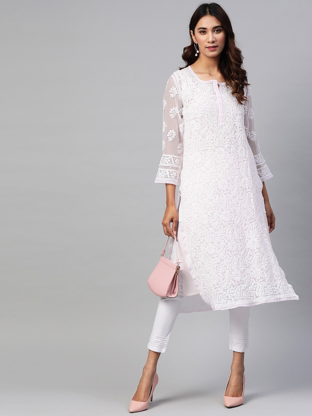 Ada Hand Embroidered Baby Pink Georgette Lucknowi Chikankari Kurta Set with Slip A811158