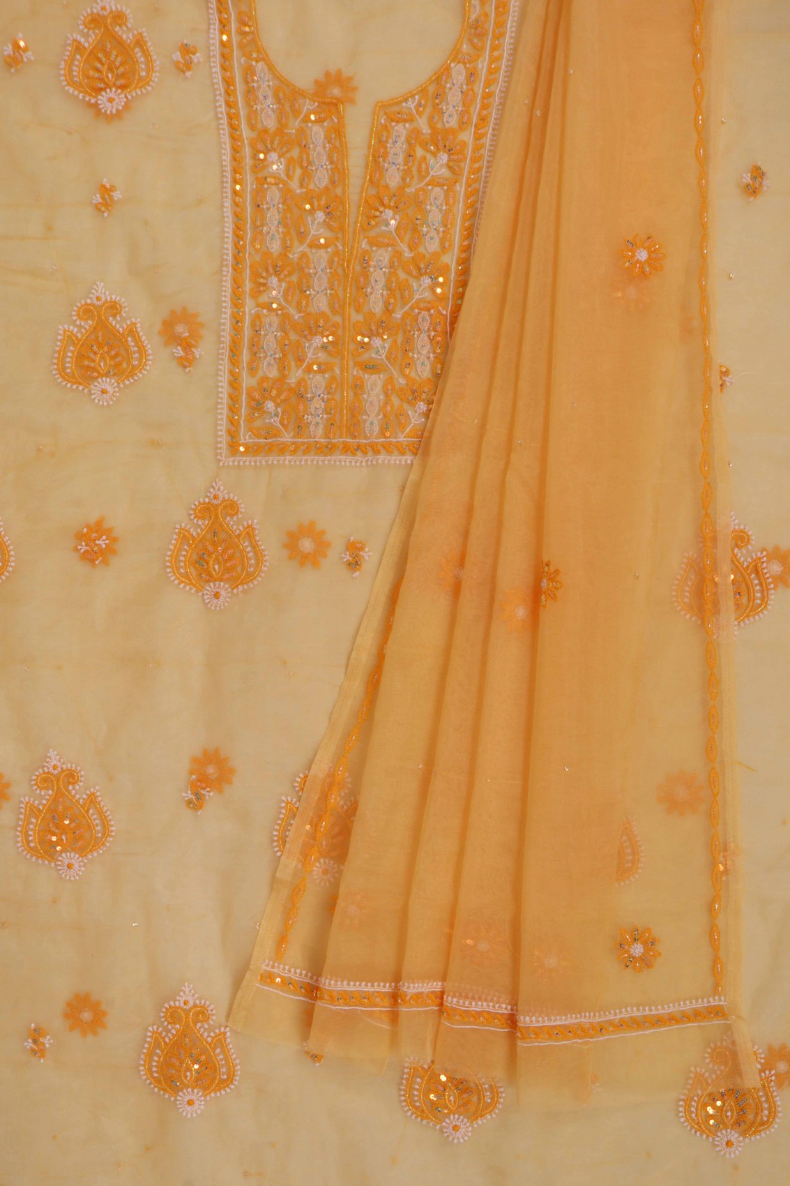 Ada Hand Embroidered Tangerine Orange Organza Lucknowi Chikankari Unstitched Kurta Dupatta Set With Sequinned Work 01A133669
