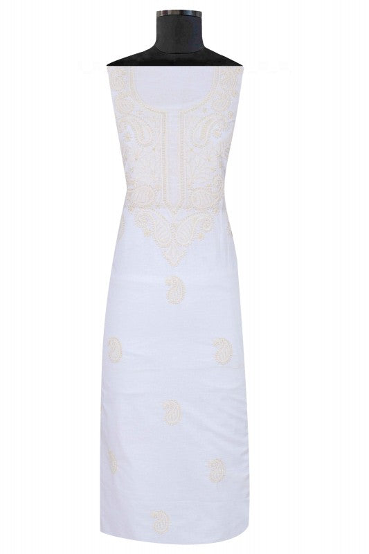 Ada Hand Embroidered White Cotton Lucknowi Chikan Unstitched Kurta Piece A355764