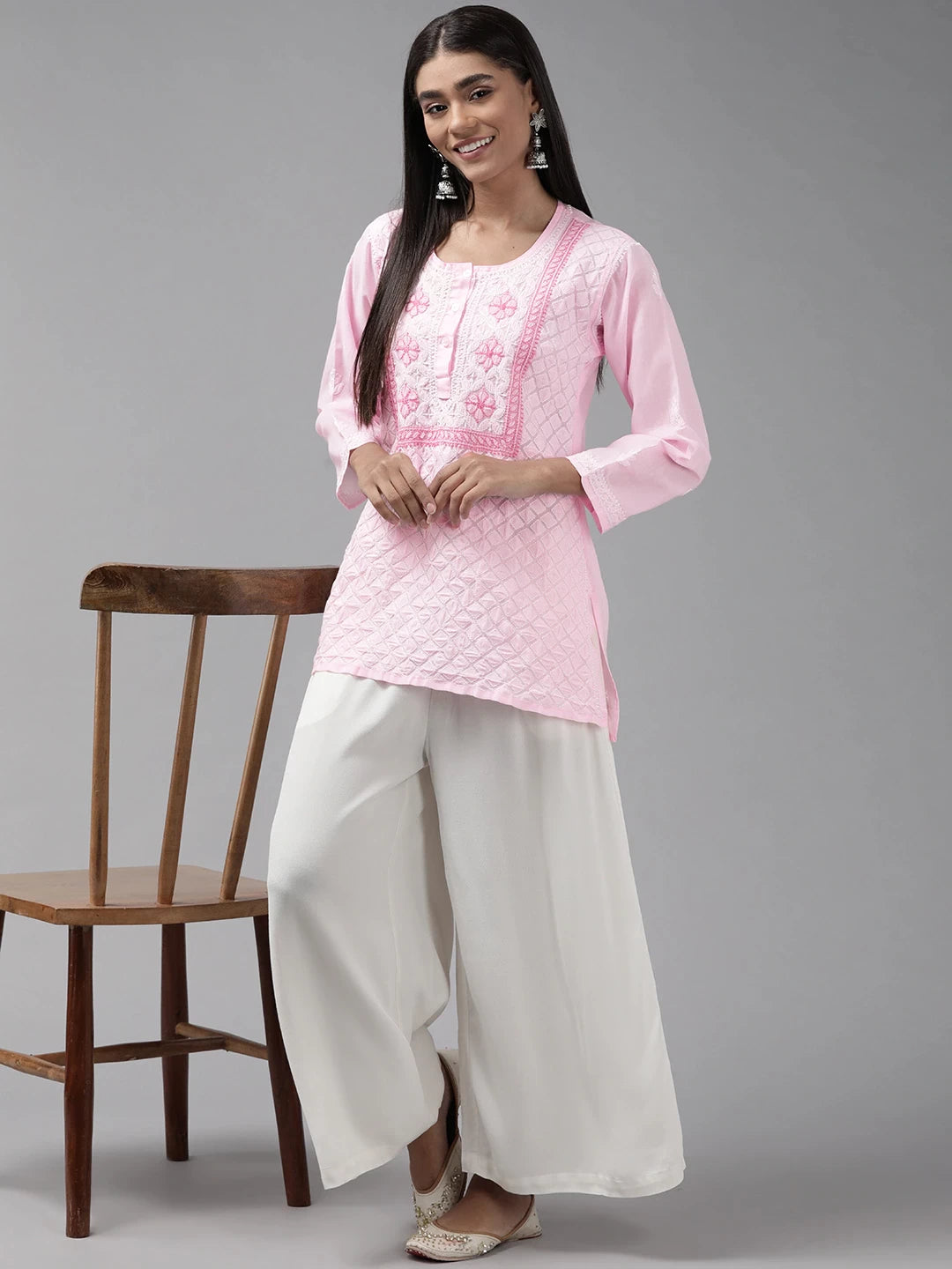 Ada Hand Embroidered Baby Pink Cotton Lucknowi Chikankari Straight Kurti A911241