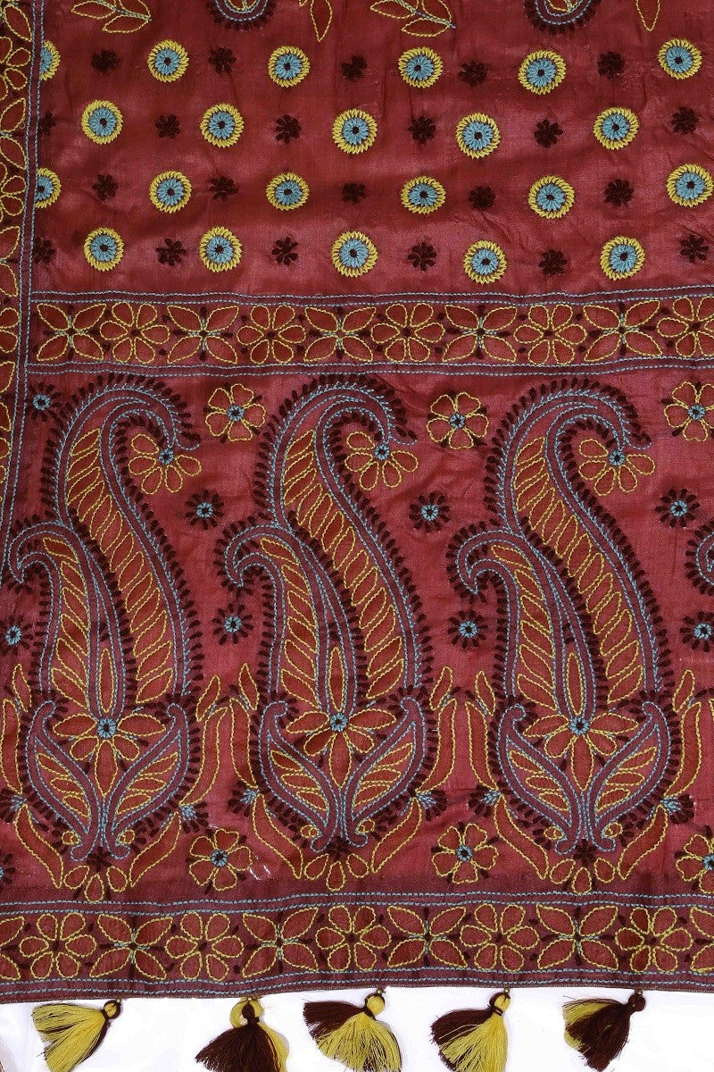 Ada Hand Embroidered Rust Tusser Silk Lucknowi Chikankari Saree With Blouse - A485266